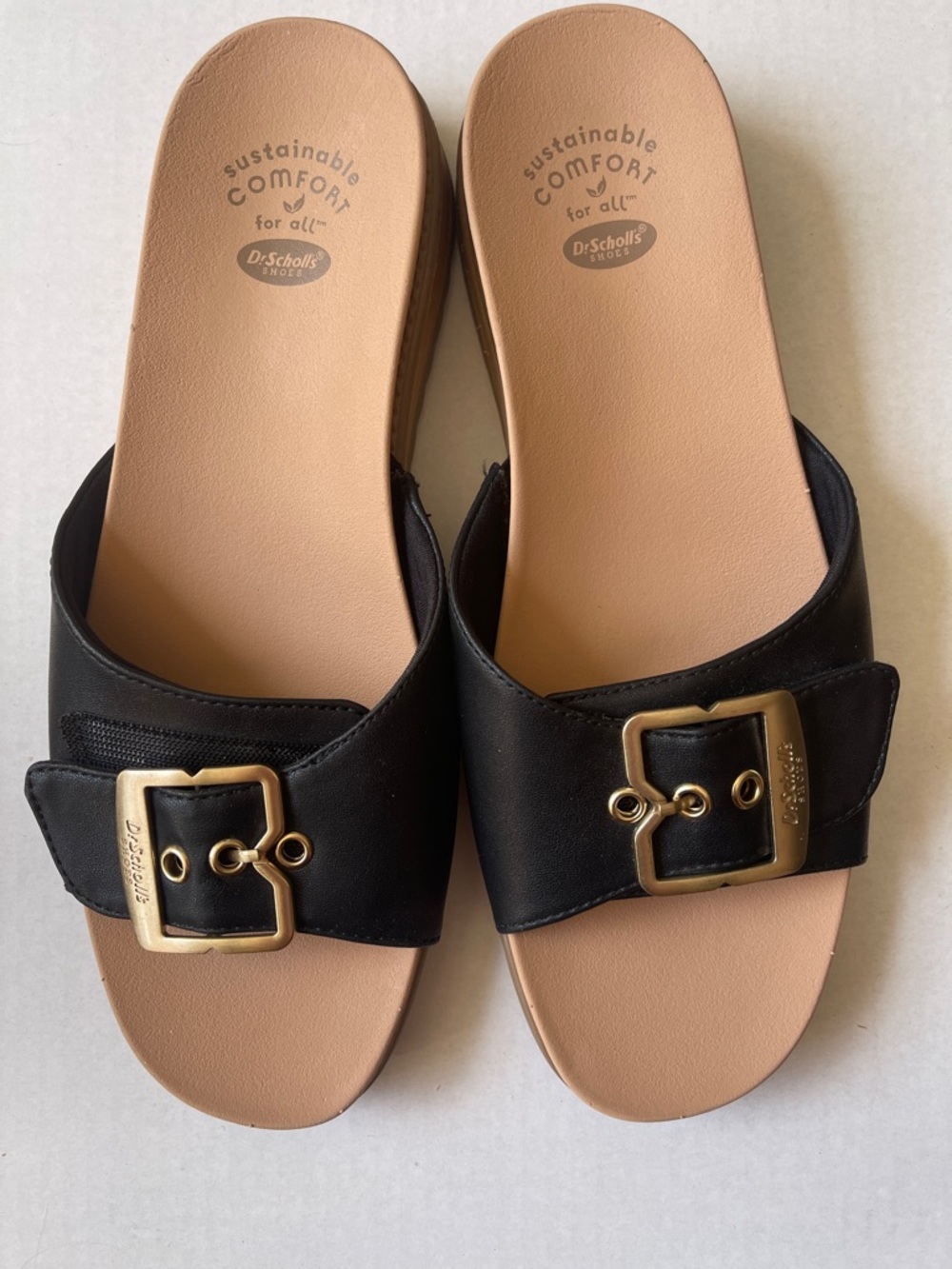 Dr. Scholl's Black Slide Sandals with Gold Buckle